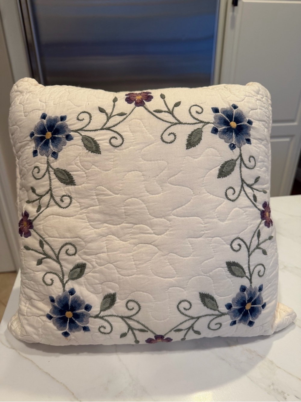 Embroidered Floral Quilted Throw Pillow - Cream with Blue & Green Accents 16x16